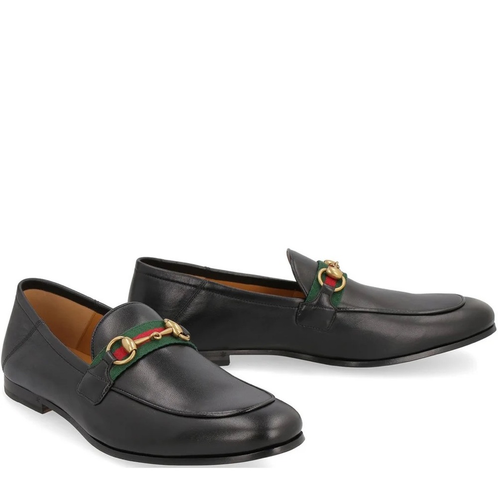 Gucci Jordaan Black Leather Loafers with Webbing